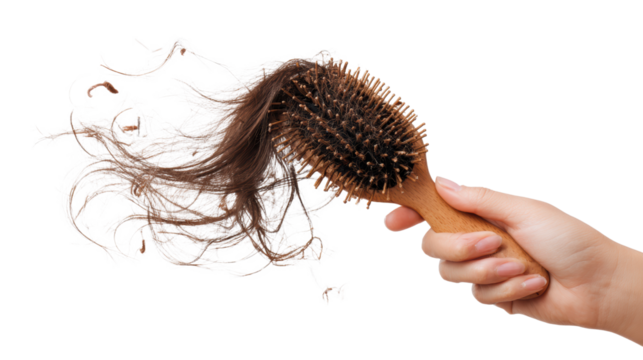 Hand holding a hairbrush with flowing hair, white isolated background.
