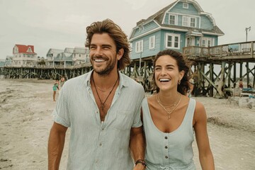 Joyful beachside stroll