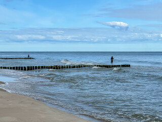 Fishing for garfish on a rod in the Baltic Sea, Mrzezyno region in Poland
