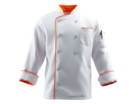 White chef cook jacket with orange edges isolated on white background