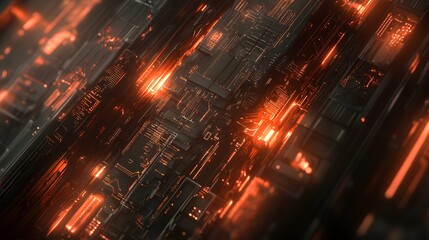 Intricate circuit network design with glowing orange lines.