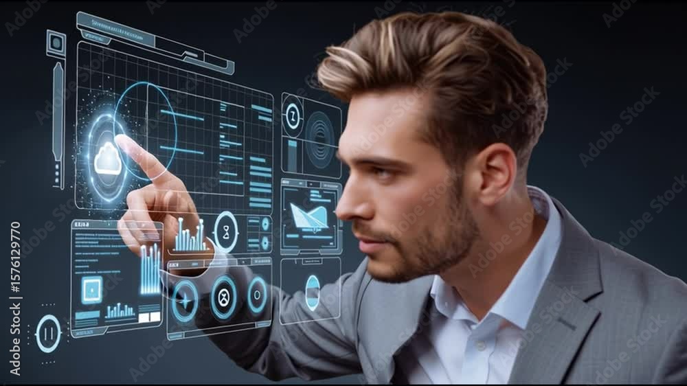 Poster man interacting with futuristic digital interface featuring cloud computing, data analytics, hologra