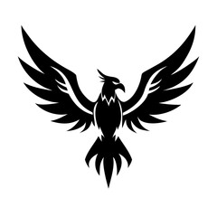Obraz premium Flying phoenix or eagle silhouette logo with spread wings in tribal style, perfect for tattoo design, branding, mythology themes, power symbol, or fantasy bird illustrations.