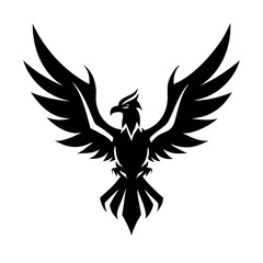 Obraz premium Aggressive black eagle with wide open wings in tattoo style illustration, perfect for emblem design, fantasy art, military symbols, sports logos, and bold graphic branding projects.