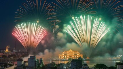 Fireworks over city skyline at night Tet holiday celebration - Powered by Adobe
