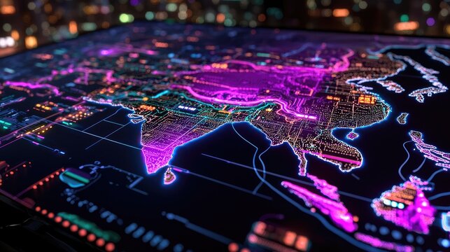 Neon City Map Visualization with Vibrant Colors and Details