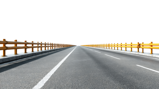Straight road perspective with yellow barriers and clear sky at horizon.