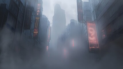 Foggy cityscape alleyway with futuristic architecture.