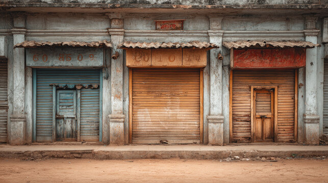 Old closed shop doors on dusty street with weathered walls