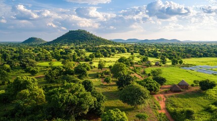 Obraz premium Lush Green Landscape with Hills and Cloudy Sky in Rural Area