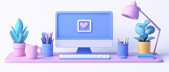 Pastel-colored 3d workspace with computer and desk accessories.