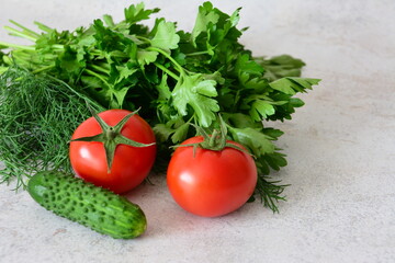 Fresh Vegetables on the gray surface Tomatoes, Cucumber and Herbs