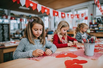 Children crafting red and white decorations in a school to celebrate Swiss National Day
