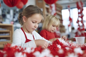 Children crafting red and white decorations in a school to celebrate Swiss National Day 