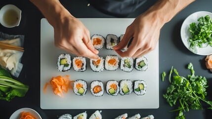 Hands Arranging Fresh Sushi Rolls on Cutting Board