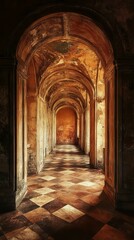 Arched Hallway with Checkered Floor Leading to Distant Light