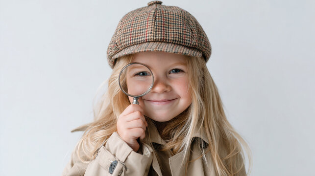 Little girl wearing detective hat holding magnifying glass up to eye smiling playfully with long blonde hair and beige coat on white background