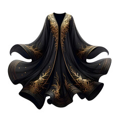 black abaya with gold embroidery, transparent background