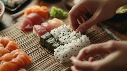 Close-Up of Hands Making Fresh Sushi