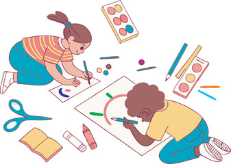 Fototapeta premium Flat vector of kids drawing with crayons, paint, and paper.