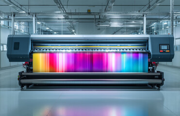 Wide Industrial Fabric Printer Producing Vibrant Colored Patterns In A Modern High Tech Facility