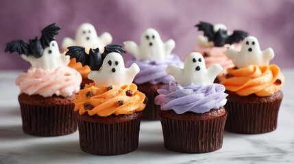 Halloween Cupcakes with Ghosts and Bats Toppers