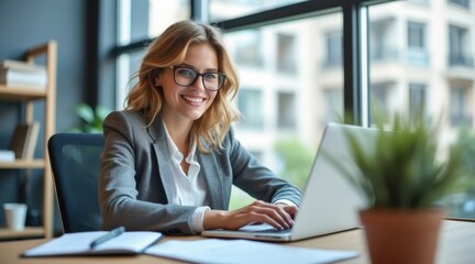 Obraz premium A smiling young professional woman wearing glasses works on a laptop in a bright office setting.