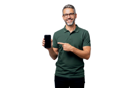 Handsome man holding a phone isolated on white
