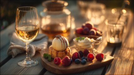 Dessert and wine in soft evening light
