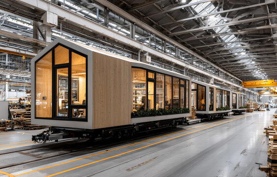 Prefabricated wooden tiny homes aligned on rails inside factory