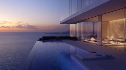 Panoramic view of an infinity pool overlooking the ocean at sunset.