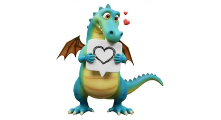 Obraz premium Cartoon dragon holding a heart shaped speech bubble