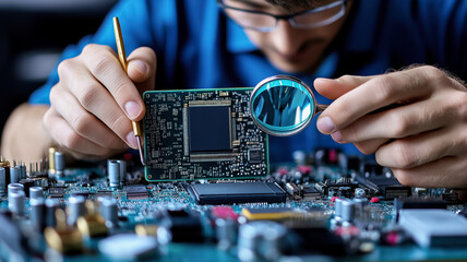 Technician examines circuit board with magnifying glass indoors