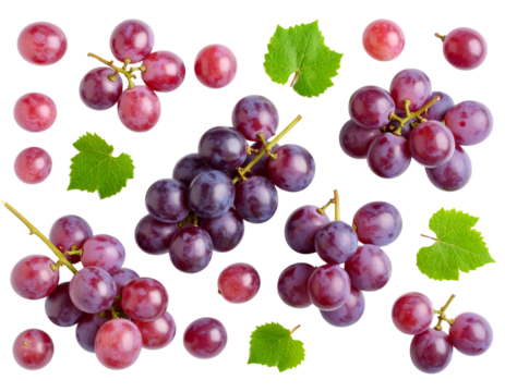  Top-down view of scattered purple grapes with vine leaves on white background