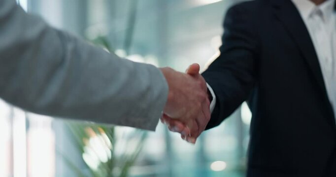 Welcome, handshake and meeting with business people in office for contract, b2b and teamwork. Partnership, introduction and shaking hands with employees in agency for agreement, deal and thank you