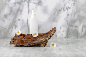 a container with skin care products on a wooden podium made of old wood and daisy flowers on a gray...