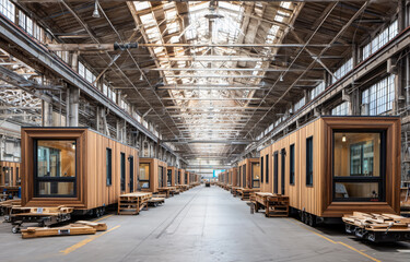 Tiny Homes Constructed In Large Industrial Warehouse On Rails Featuring Wooden Exteriors And Workbenches