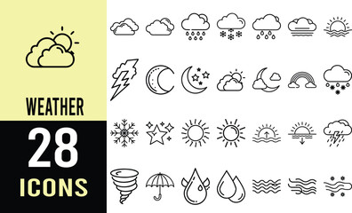 Collection of Line Art Weather Icons: Sun, Moon, Clouds, Rain, Snow, Wind, and More