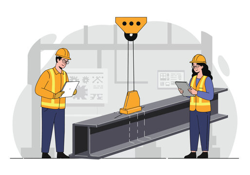 Construction Workers Inspecting Steel Beam with Crane Wearing Hard Hats and Safety Vests.