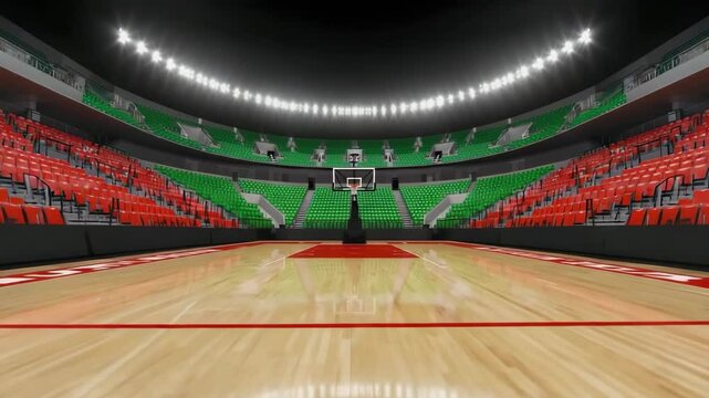Basketball court with empty stands and bright lights in a modern arena