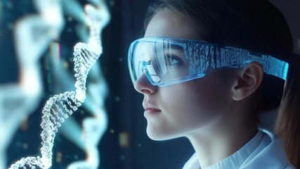 Scientist wearing futuristic glasses analyzing dna structure using augmented reality technology - Powered by Adobe