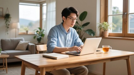 Fototapeta premium Young Man Working from Home on Laptop