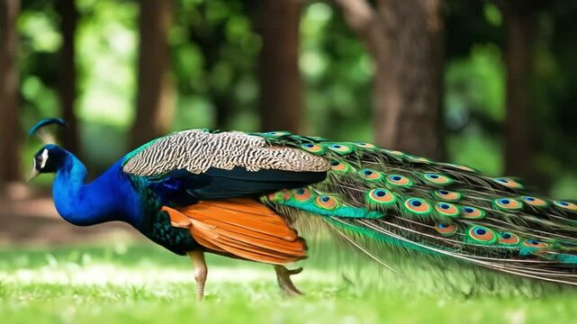 Majestic peacock walking in garden with shimmering feathers and bright colors, its elegant tail making it suitable for luxury themes, wildlife beauty, or exotic bird documentaries.