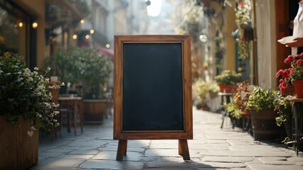 Street chalkboard stand with blank menu space, framed in wood, surrounded by red flowers and vintage paving, ideal for outdoor restaurant promotions, welcoming signage, or daily offers. - Powered by Adobe