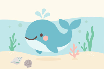 Cute whale Underwater illustration in Flat Cartoon Style