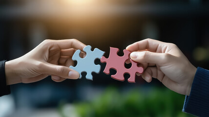 Two hands connecting puzzle pieces in collaboration exercise