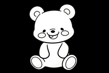 Obraz premium Cute teddy bear sitting with paw out and tongue out, simple black and white line art with bold white outline, coloring book and clipart on plain background