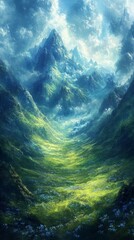 Majestic Mountain Valley Landscape with Green Meadow and Cloudy Sky
