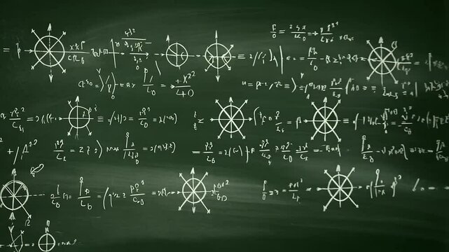 Mathematical equations and diagrams on a chalkboard. - Powered by Adobe
