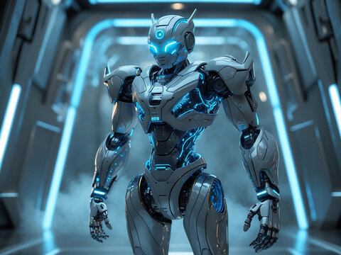 Futuristic humanoid robot with glowing blue circuits android science fiction - Powered by Adobe